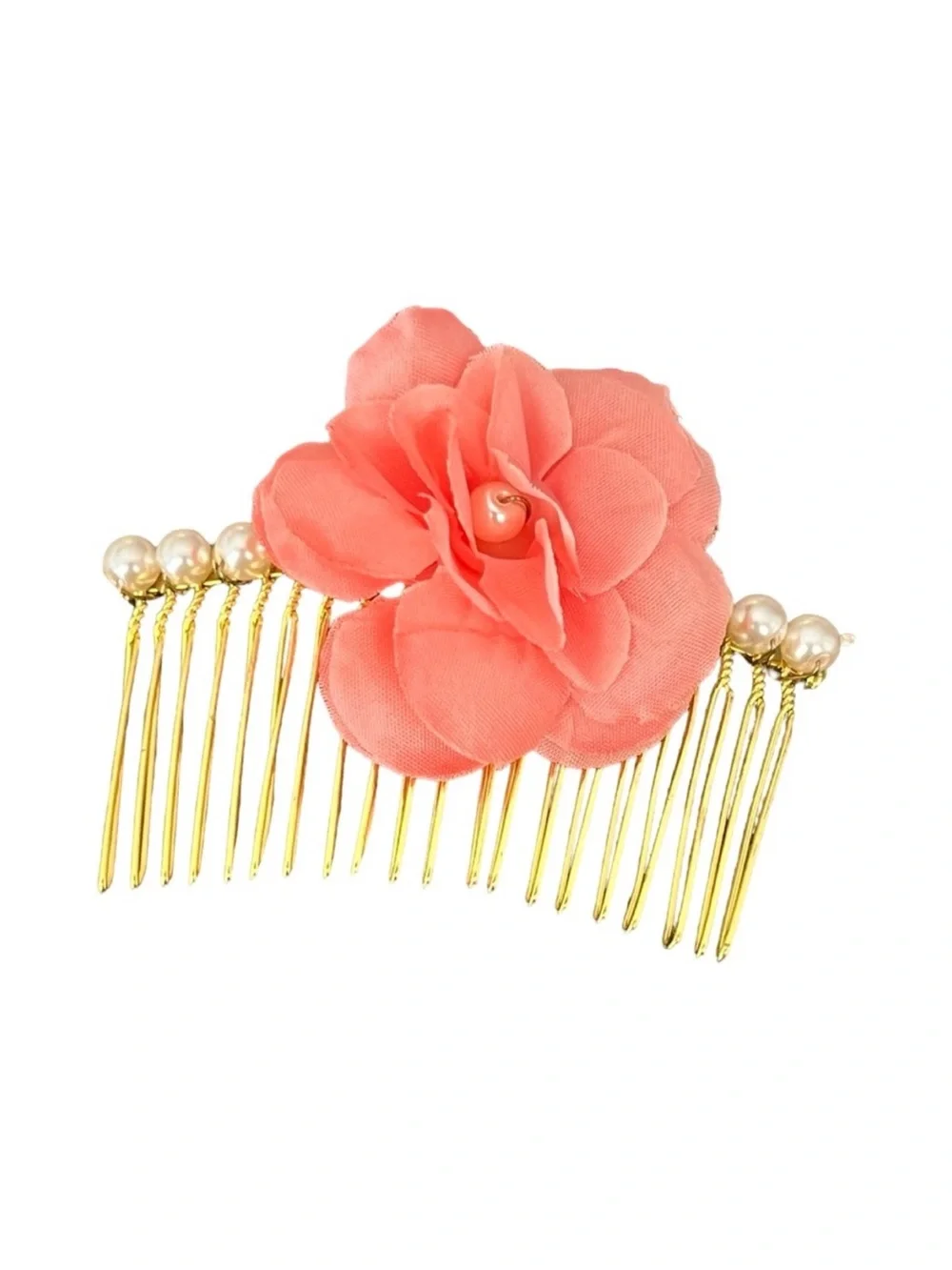 Gold Hair Comb with Coral Fabric Flower and Pearls FINAL PRICE DROP